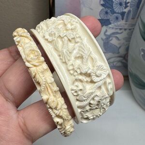 Ivory Carved dragon and floral bangle bundle